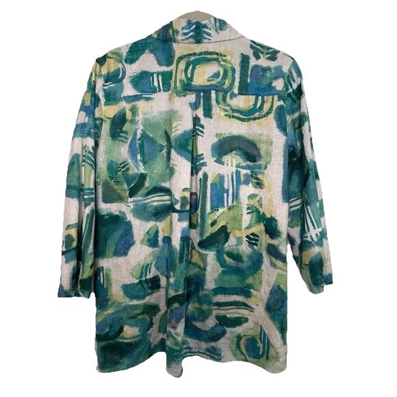 Ali Miles Button Front Tunic Top M Linen Blend Blue Green Watercolor Lagenlook - Picture 2 of 7